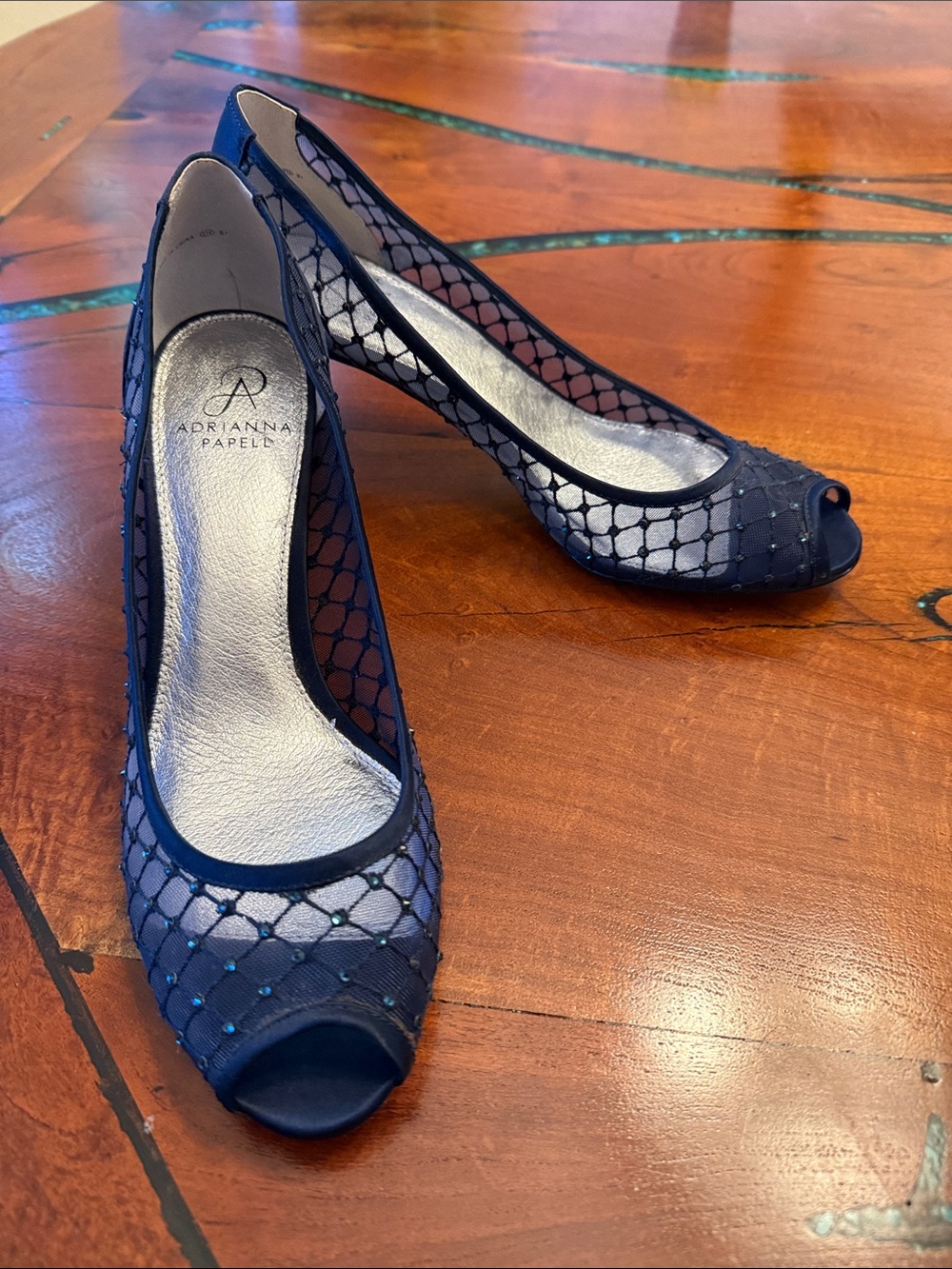 Adrianna Papell Navy Mesh Peep-Toe Pumps